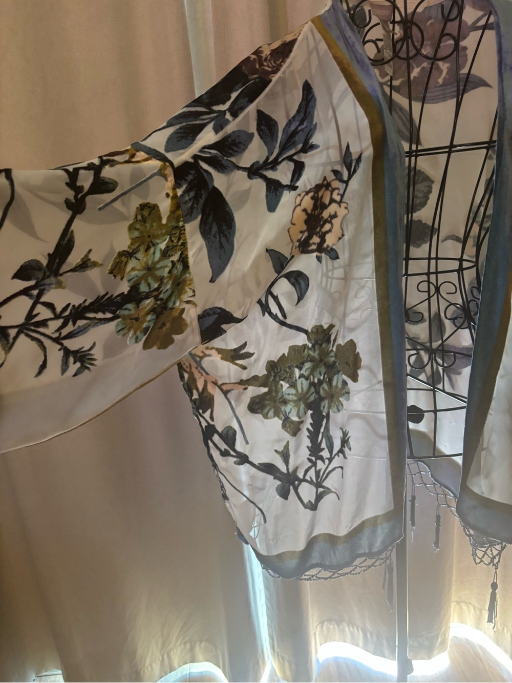 Chico's White Sheer Floral Kimono with Blue and Green Accents - Picture 2 of 14